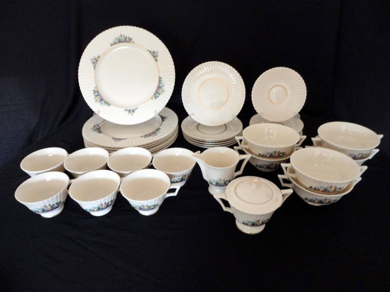 LENOX RUTLEDGE DINNERWARE: Rutledge By Lenox Porcelain China, P303, Including 7 Dinner Plates, 6 Double Handle Soup Cups, 1 Salad, 7 Cups, 7 Saucers, Creamer, Covered Sugar.