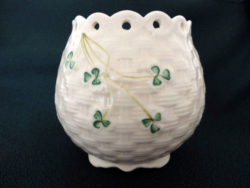 BELLEEK VASE: Belleek Bulbous Wide Mouth Vase, Basket Weave Texture w/Scallop and Pierced Rim, Hand Painted Shamrock Design, Fine Parian China, Hand Crafted In Ireland, 4.5 " T