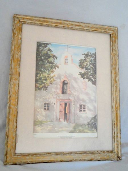 ST. JOHNS CATHOLIC CHURCH FRAMED PRINT: St. Johns Catholic Church, Panama City FL, Under Glass, Signed Barbara Mulligan, Known Panama City, FL Artist, Sight 14"T X 10"W, Framed 22.25"T x 17.75"W.