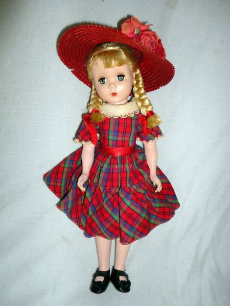 POLLY PIGTAILS DOLL: Madame Alexander Doll Wearing Red Hat, Pigtails w/Red Ribbons, Red Plaid Dress & Black Shoes, Blonde Hair & Blue Sleep Eyes, 17"T.