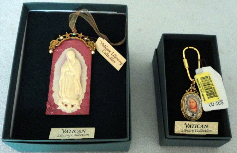 VATICAN LIBRARY COLLECTION ORANAMENT & KEY FOB: Our Lady Guadalupe Ornament, Pink Background, 3.75", Iconica Key Fob, Hand Enameled, 1.25".