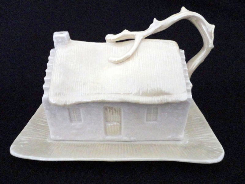 BELLEEK COVERED BUTTER/CHEESE: Unique Cover Cottage Shape w/Branch Handle & Thatched Roof, Stamped Belleek, Hand Painted, Fine Parian China, Hand Crafted In Ireland, 6.5"W x 4.5"T