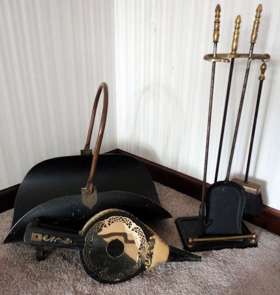 FIREPLACE TOOLS: 7 Piece Fireplace Tools Inc. Wood Basket w/Scrolling Feet & Copper Handle, Bellows w/Decorative Metal & Brass Trim & 3 Brass Handled Tools in Stand, 18"-27" T.