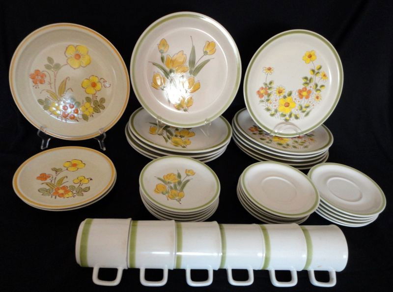 JAPANESE STONEWARE DISHES: 36 Piece Lot Includes 12 Dinner Plates, 2 Salad Plates, 6 Bread & Butter Plates, 10 Saucers, 6 Cups. All Marked Japan – Three Different Patterns: Spring Collection Stoneware "Spring Garland," Stonyb