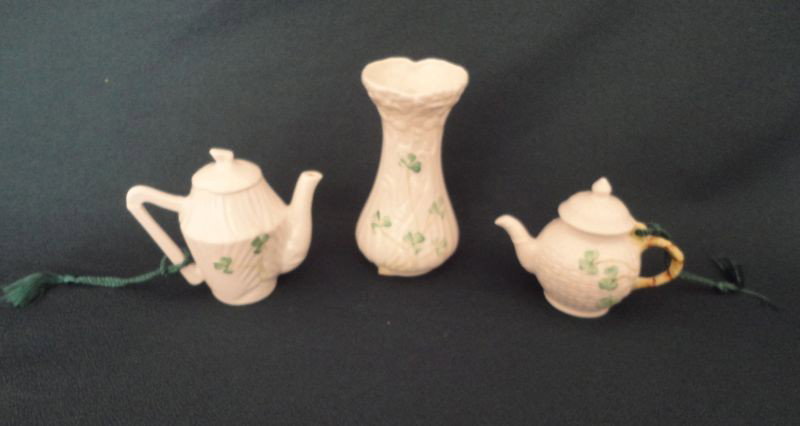 THREE PIECE BELLEEK LOT: Including: Daisy Toy Spill and 2 Ornaments, Harp Coffee Pot and Shamrock Weave Teapot; 3" - 4.5"T; All Pieces are Stamped, Hand Painted, Fine Parian China, Hand Crafted In Ireland.