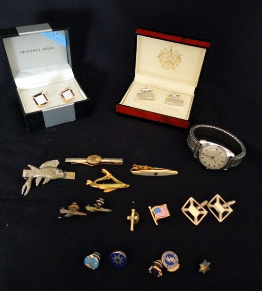 MEN'S JEWELRY LOT: Inc. 2 MIB Pairs Cufflinks: Geoffrey Beene 2 Tone Square Mesh, & Donald J Trump Signature Collection , Silver Color Rectangular; Timex Watch; 4 Tie Clips, 9 Pins, & Pair Gold Tone Cufflinks.