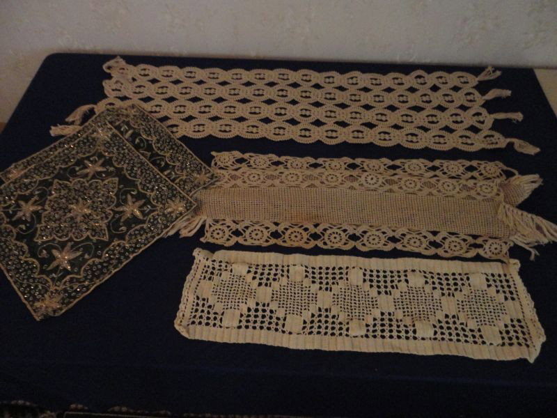 CROCHET & SEWING LINEN LOT: Including: 2 Square Gold Beaded Doilies, 4 Table Scarves, 15"- 44"L.