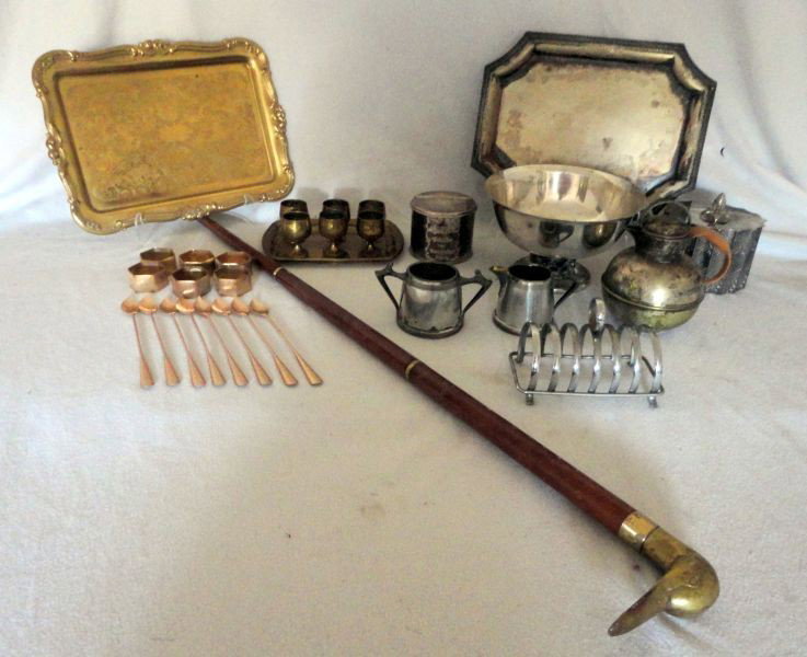 PLATED AND METAL LOT: 7 Silver Plated Pieces Including: Footed Bowl; Serving Tray; Covered Sugar; Coffee Canister, Creamer Sugar; Teapot; 5 Brass Pieces Iincluding: Goose Head (Wood & Brass Base); 2 Trays, 1 w/set of 6 Cor