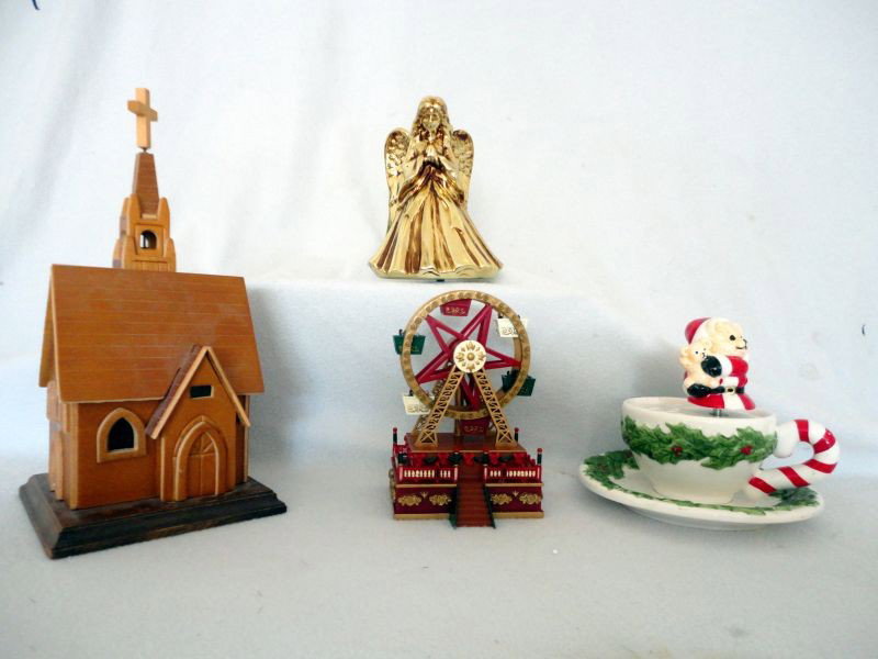 FOUR MUSIC BOXES: Includes 4 Christmas Music Boxes: Wooden Chapel (Plays Amazing Grace), Antique Gold Ceramic Angel w/Japan Mark at Base (Hark the Herald Angels Sing), Revolving Bear Inside of Cup (Toy Land), Animated 