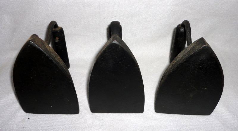 THREE NO. 6 SAD IRONS: Including: 1 w/Handle Embossed BAMA; Shield w/C on the Iron Base & 1 Unmarked, 5.75 – 6"T.