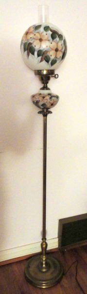 GONE WITH THE WIND SYLE FLOOR LAMP: Hand Painted Floral Designed Milk Glass Globe & Font, Metal & Brass, 59.5"T.