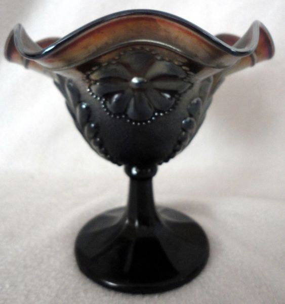 DAISY & PLUME AMETHYST CARNIVAL GLASS COMPOTE: Footed, Ruffle Rim Compote, 5.75"D x 5.25"T.