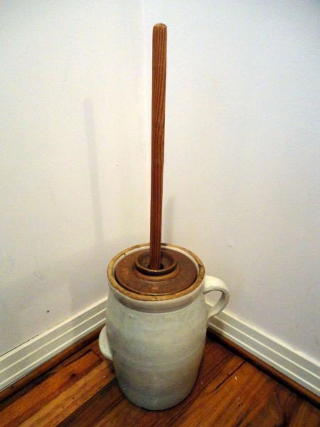 WHITE CROCK W/LID: One Hand Thrown Crock w/Applied Handle and Hand Hold, Darker Lid and New Dasher, 8" Top D x 12" T.