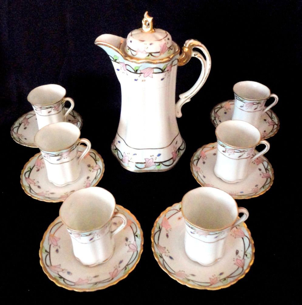 NIPPON CHOCOLATE SET: Porcelain Handpainted Nippon Chocolate Set, Enamel & Gold Decorated Pot (9"T) w/6 Cups & Saucers.