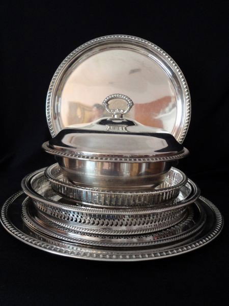 SILVER PLATED SERVING LOT: 9-Piece Lot Includes Round Covered Casserole, Two Gallery Trays, 5 Trays (10.5" D to 14.25" D).