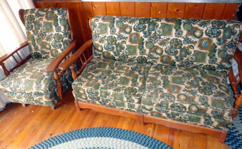 COLONIAL STYLE SOFA & ROCKER ARMCHAIR: Two Pieces w/Heavy Maple Wood Frame, Sofa Arm to Arm 68" x 30" Center Back Height, Chair 35" Center Back Height.