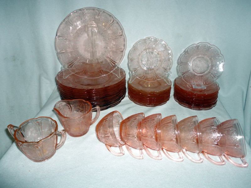 CHERRY BLOSSOM DINNERWARE LOT: Elegant Pink Depression Glass Lot Includes 13 Dinner Plates, 13 Bread & Butter Plates (6" D), 7 Cups, 12 Saucers, Open Creamer & Sugar.