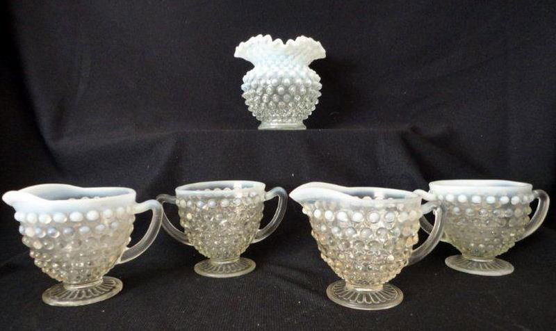 MOONSTONE HOBNAIL LOT: 5 Piece Lot Includes Ruffled Rim Vase (4.5" T), Two Sets Open Sugars and Creamers.