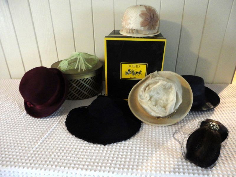 VINTAGE HAT & BOX LOT: Including: 7 Hats, Dark Red Felt, Laura Deb; Green Net, Fur w/Net & Jewelry; Black Felt, New York Creation; Plush Bone, Caravelle; Cream Floral w/Net, Betman; Navy Blue Woven, 2 Hat Boxes Dobbs & Roun