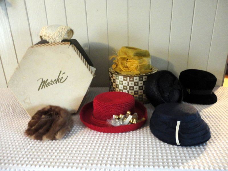 VINTAGE HATS & BOX LOT: Including: 7 Hats, Fantes Body Made in Italy, Marche Exclusive; Red Woven, Mr Mac Fur w/Net; Lacey Cream; Black Fur w/Net; Felt Black, Green Lawn Original, New York; Blue Pill Box, 2 Hat Boxes.