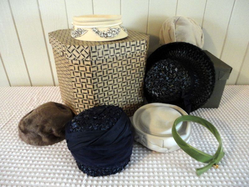 VINTAGE HATS & BOX LOT: Including: Green Velvet w/Bee Jewel Pin; 2 Black Woven; Grey Velvet Turban Style; White Felt, Ritz Valorie Modes; Bone Felt w/Beading; Bone Plush, Dutchess, Body Made in Italy, 2 Hat Boxes.