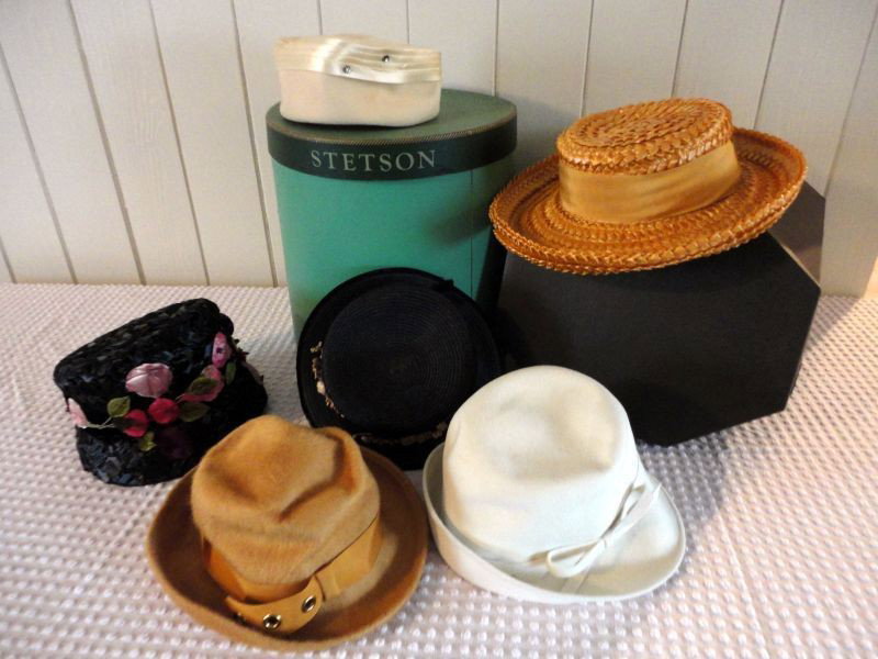 VINTAGE HATS & BOX LOT: Including: 6 Hats, 3 Woven, (2) Sears; Bone Felt w/Ribbon; Ivory, "Kutz Nannette Chapeau"; Tan Mohair & Wool; 2 Hat Boxes.