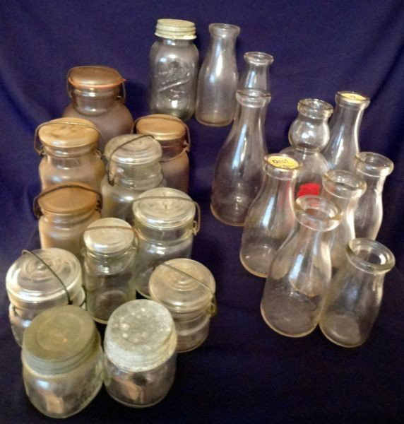 MILK BOTTLES & CANNING JARS: 22 Pieces Including: 10 Glass Milk Bottles, 5.5 - 9.5"T; 12 Canning Jars, 3.5 - 10"T.