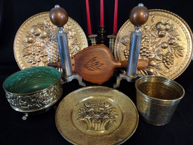 FIREPLACE ACCESSORIES: Including: Pair of Andirons, Bellows, 3 Embossed Metal Trays, 3 Candle Sticks Pair of Brass & Single w/2 Arms, 2 Metal Planters.
