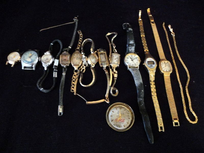 LADIES WATCH LOT: Lot Includes 11 Watches Plus Coca-Cola Parts. Bulova (2), Timex, Hamilton, Waltham.