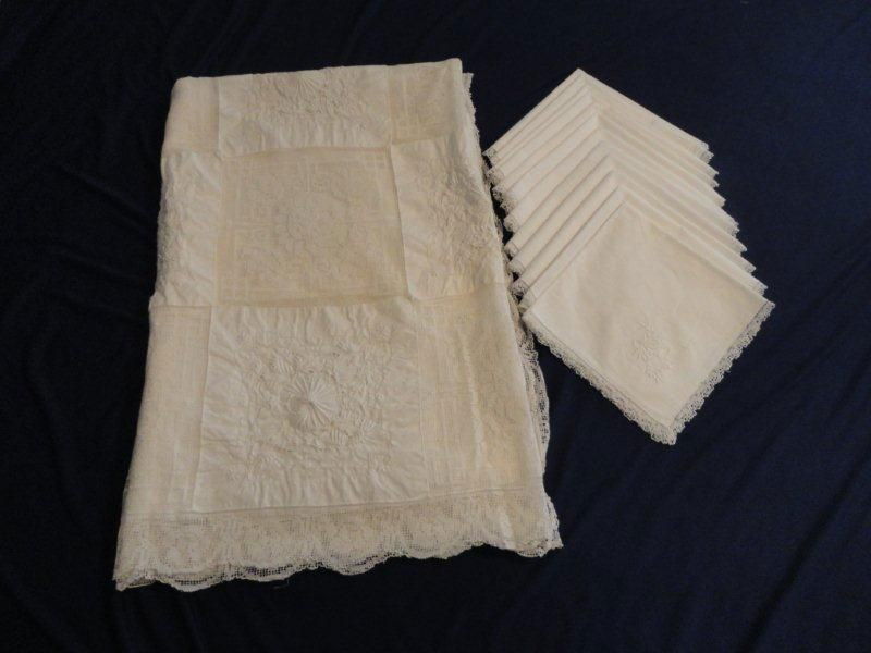PURE IRISH LINEN LOT: Hand Embroidered Linen w/Drawn Thread Work, Floral Pattern, Table Cloth, 68"W x 100"L & 12 Matching Napkins 17" Square.
