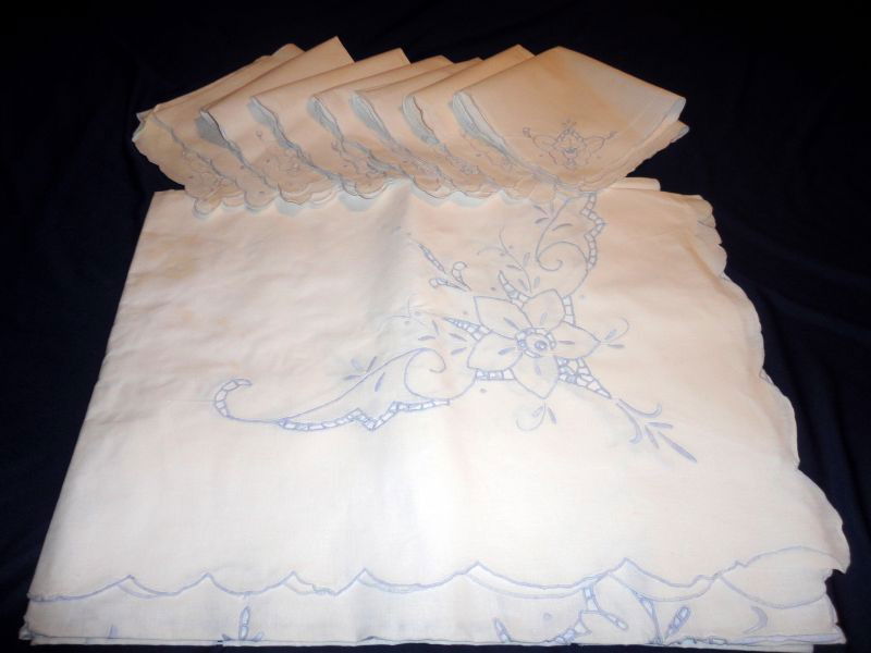 TABLE CLOTH WITH NAPKINS: Rectangular Table Cloth 60" x 80" & 8 Napkins, Both Have Drawn Thread Work w/Embroidery.