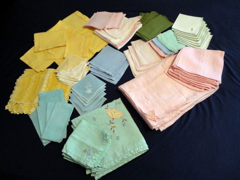 VARIOUS LINENS w/COLOR: Lot Includes Dresser Scarves w/Matching Smaller Pieces, Pink Tablecloth (56" x 84") & Napkins, Two Card Table Covers (Green w/Embroidery & Matching Napkins), Sets Extra Napkins Including Cocktail Napk