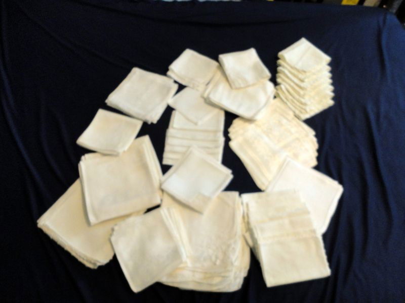 13 SETS NAPKINS: 13 Linen Napkins and Cotton Napkins. Some Tone on Tone Damask and Some w/Crochet and Drawn Work.