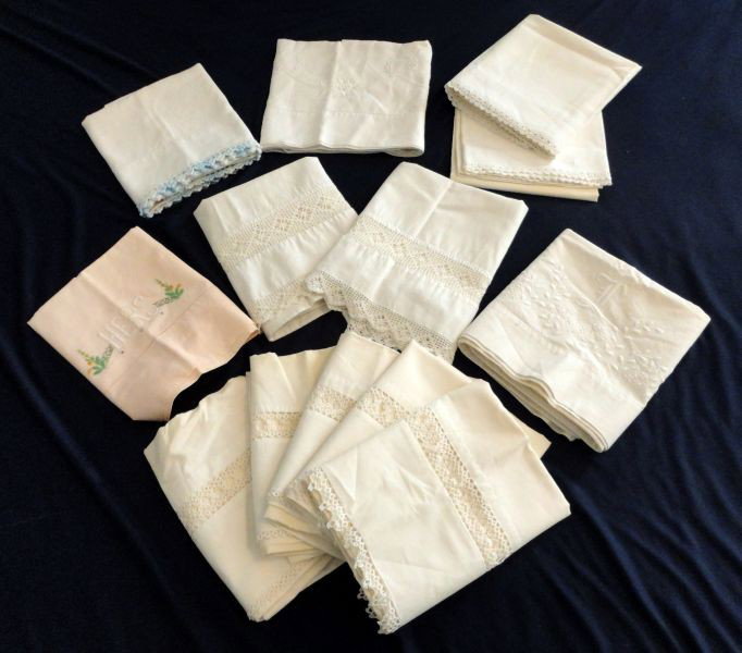 LOT PILLOW CASES: 4 Sets and 5 Single Pillow Cases in Various Colors, Some w/Crochet, Embroidery or Cut Work.
