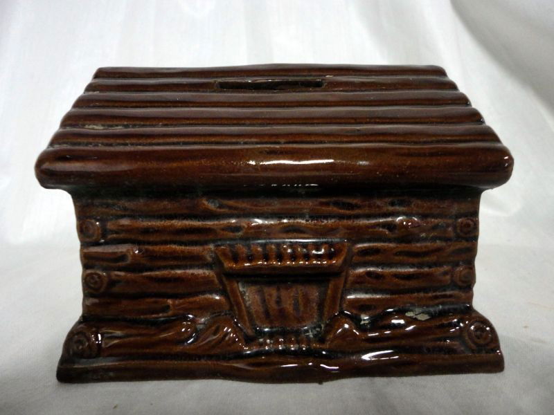 REDWARE LOG CABIN BANK: Brown Ceramic Log Cabin Bank, 1.5" Roof Slot For Coins, Cork Stopper On Underside, Unmarked, 5"W X 4"T.