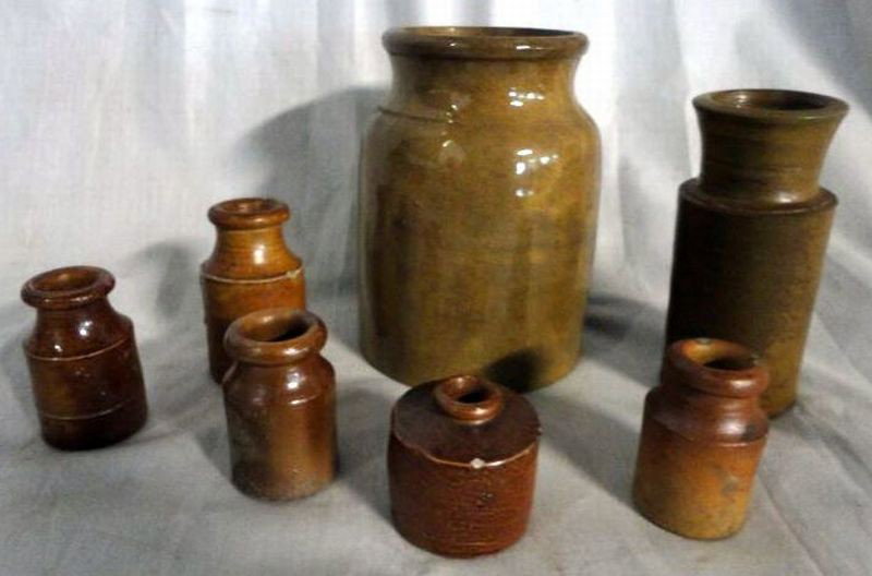MINIATURE CERAMIC BOTTLES: Lot Inc. 7 Honey Color, Stoneware Bottles, 2" To 6"T.