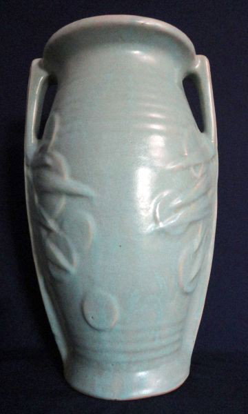 SAND DOLLAR UMBRELLA STAND: Aqua Matte Glaze Sand Dollar Umbrella Holder w/Double Handles, Marked USA, 14"T.