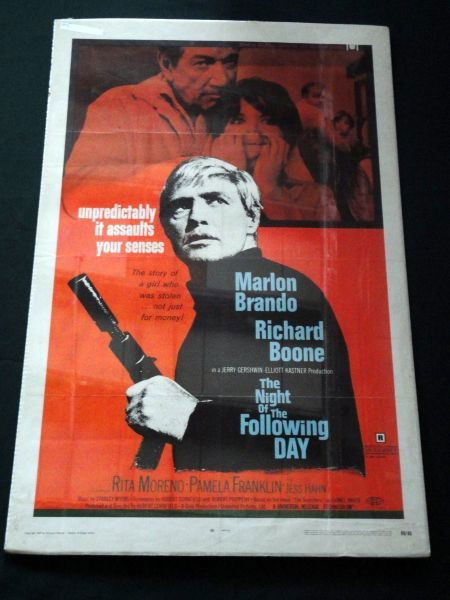 MARLON BRANDO VINTAGE MOVIE POSTER: Original Movie Poster "The Night of the Following Day" That Featured Marlon Brando & Richard Boone, 1969 Universal Pictures, 27"W x 40"T.