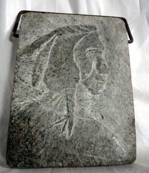 CARVED GRANITE WARMER: Fireplace Warmer w/Carved Indian Face on Front & Metal Handle, 7.25W x 9.5"T.
