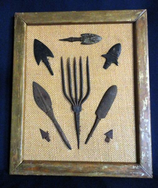 VINTAGE FRAMED INDIAN TOOLS: Lot Inc. 8 Metal Tools Mounted On Brown Burlap, Framed In Wood, 1" To 6.5"L Tools, Framed, 12"T X 10"W.