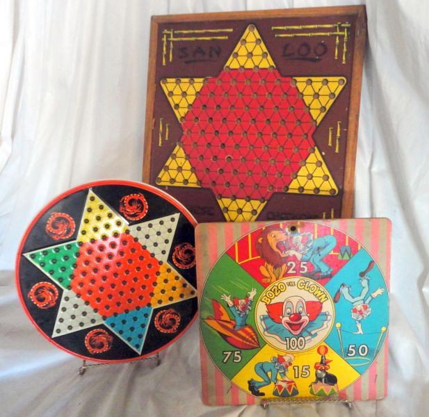 THREE VINTAGE GAMES: including: San Loo Chinese Checkers Board Reverse Side Ante-Up-Rummy, Bozo The Clown Dart Board, Metal Tin 2 Sided Chinese Checkers & Checkers w/marbles & Checker Pieces.