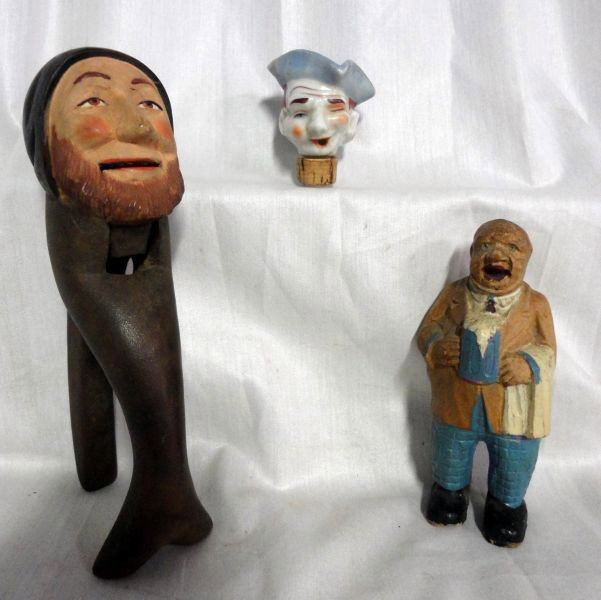 THREE PIECE SALTY DOG LOT: Inc. Carved Wooden Nutcracker, 7"L & Jovial English Bar Tender Holding Beer, 5.25"T.; & Ceramic Pirate Head Bottle Topper w/Attached Cork, 2.5"T.