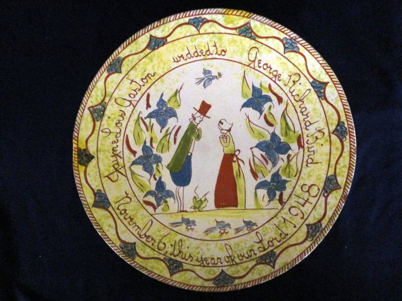 DUTCH WEDDING PLATE: Pennsylvania 1948 Dutch Wedding Plate, Couple w. Blue Flowers & Birds as Center Design, Inscribed: Jayne Lois Gaston Wedded to George Richard Bird, November 6, This Year of Our Lord 1948 On Front, Sig