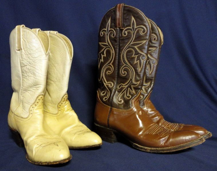 MEN'S & LADIES LEATHER COWBOY BOOTS: 2 Pair Leather Cowboy Boots, Brown Man's Size 9A, Ladies Beige Hondo Boots Size 8A.