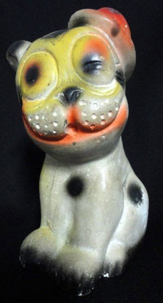 BONZO CHALKWARE DOG: Seated, Smiling, White Dog w/Black Spots & Red Top Hat, Carnival Prize, 6.75"T.