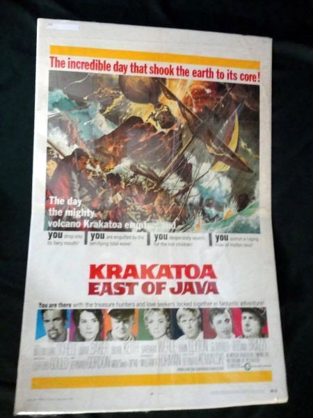 "KRAKATOA EAST OF JAVA" MOVIE POSTER: "The Incredible Day That Shook the Earth to it's Core" Starring Maximilliam Schell, Diane Baker & Brian Keith, 1969 Cinerama Releasing Corp., Cellophane Wrapped w/Cardboard Backing, 27"W x 41"L.