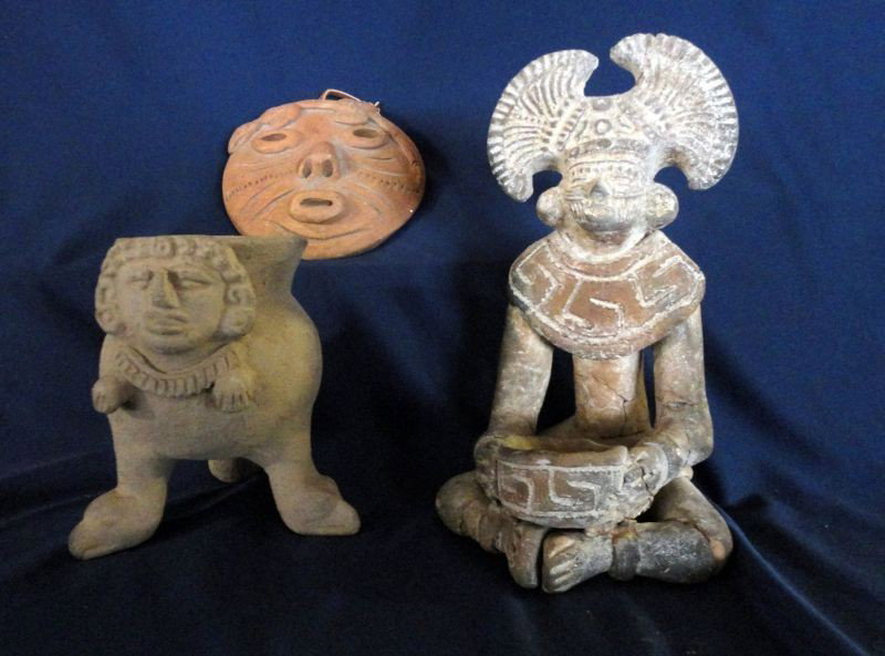 CULTURAL POTTERY LOT: 3 Pieces Pottery Including: Sitting Man w/Bowl in Ritualistic Headdress & Mask; 3 Footed Vase w/Face on Front, Feet Have Bird Heads at Base & Red Ware Decorative Mask, 5" - 8"T.