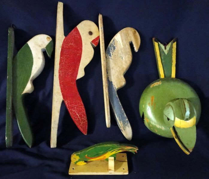 WOOD PARROT LOT: 5 handcrafted Parrots Including: 3 Wall Mount Single Parrots, Green Round Body Kitchen Towel Holder & Small Green Note Holder, 5.5" - 14.5"L.