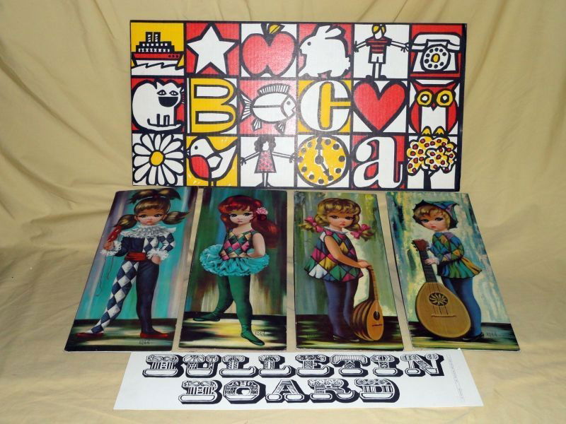 RETRO PRINTS LOT: 6 Pieces Including: 4 Big Eye Children Prints, Ballerina, Jester, Boy & Girl Musician, All Marked Eden, Boy Musician Marked 1964 Soroka Sales, Inc., Litho in U.S.A, 6"W x 15"L; 2 1968 Unicorn Creation