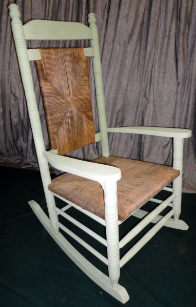 HINKLE STYLE ADULT ROCKER: Indoor Sage Color, Solid Wood Large Rocker w/Rush Back & Seat, 27"W X 44"T.